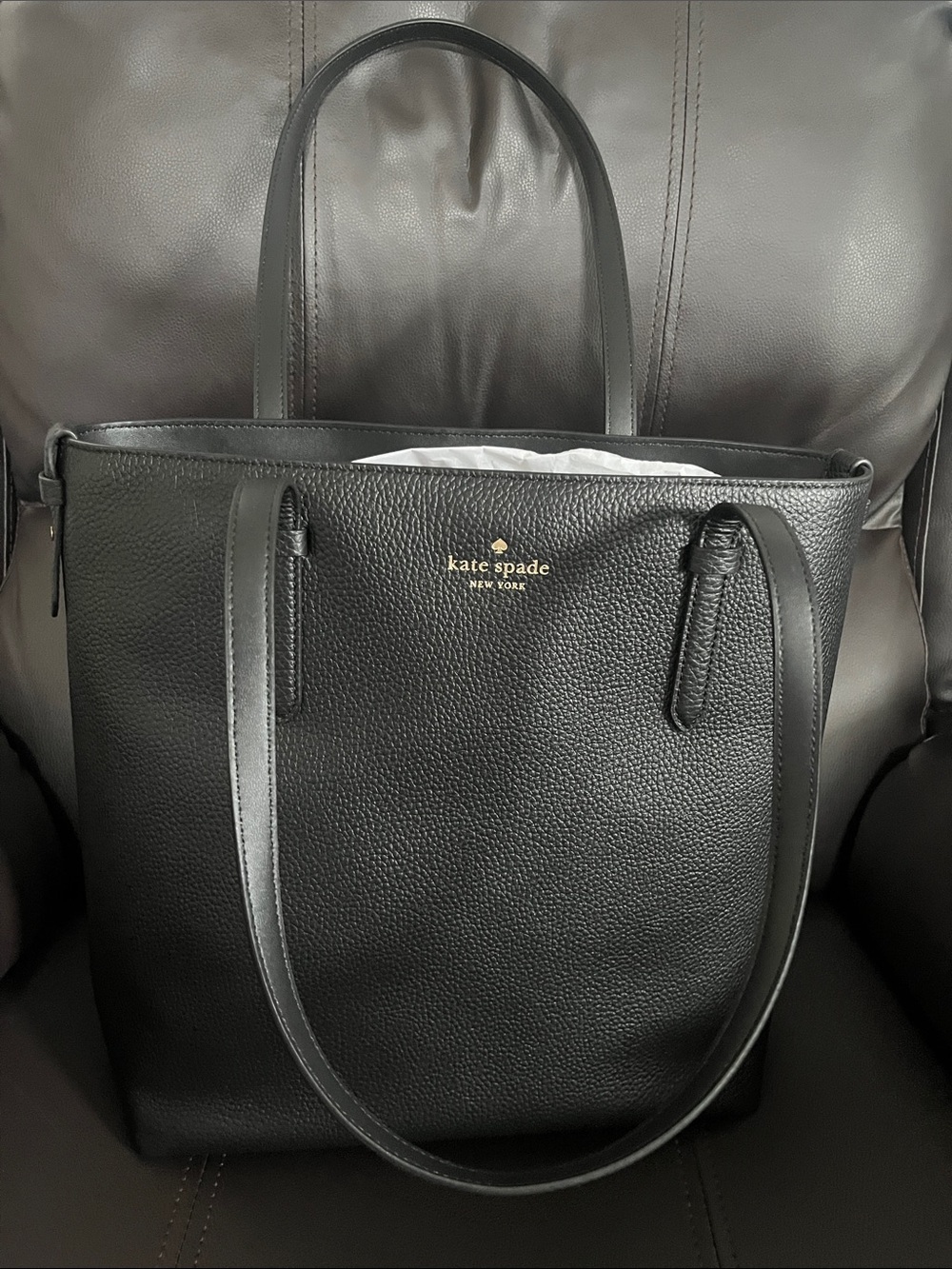 kate spade Black Pebbled Leather Tote with Gold Logo